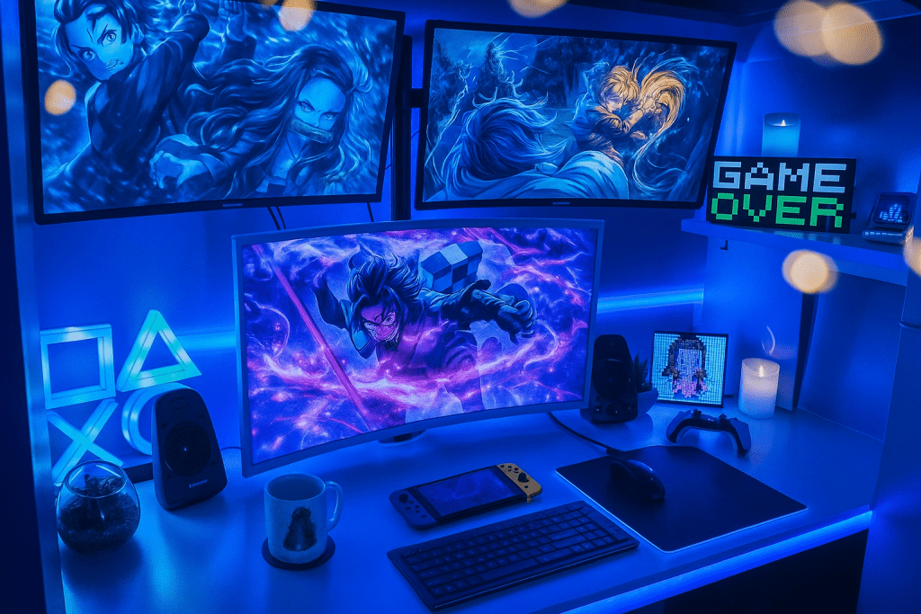 Setup gaming moderne avec éclairage LED bleu et plusieurs écrans affichant des scènes d’anime, illustrant l’univers immersif associé aux meilleurs casques gamer 2025.