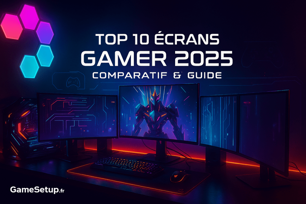 Setup gaming professionnel avec triple écran incurvé et éclairage LED bleu, représentant les meilleurs écrans gamer 2025 pour une immersion maximale.