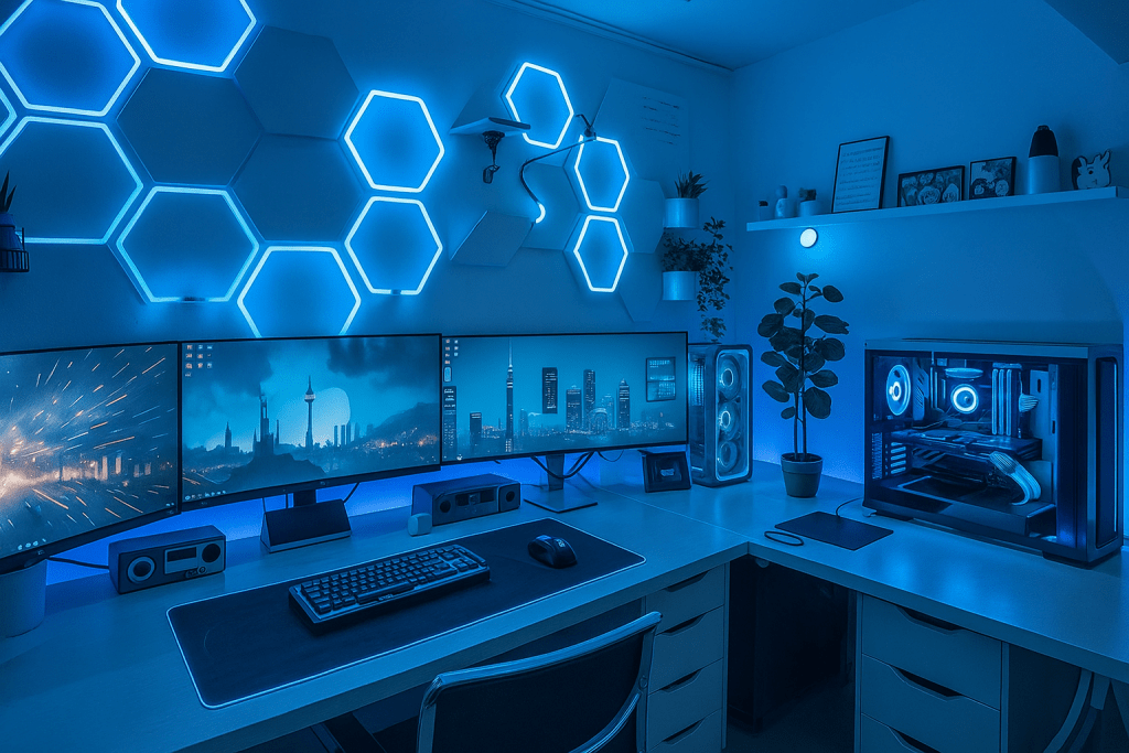Setup gaming RGB avec écran ultra-large et accessoires utilisés pour le test des meilleures souris gamer 2025